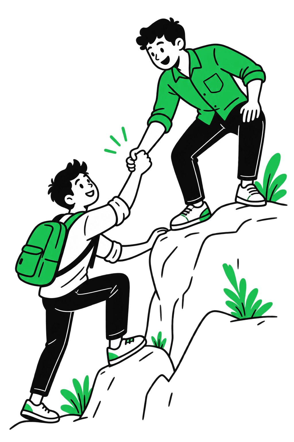 One person reaching down to help another climb up