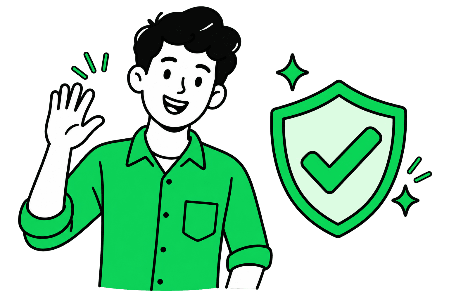 A person waving beside a shield with a tick on it