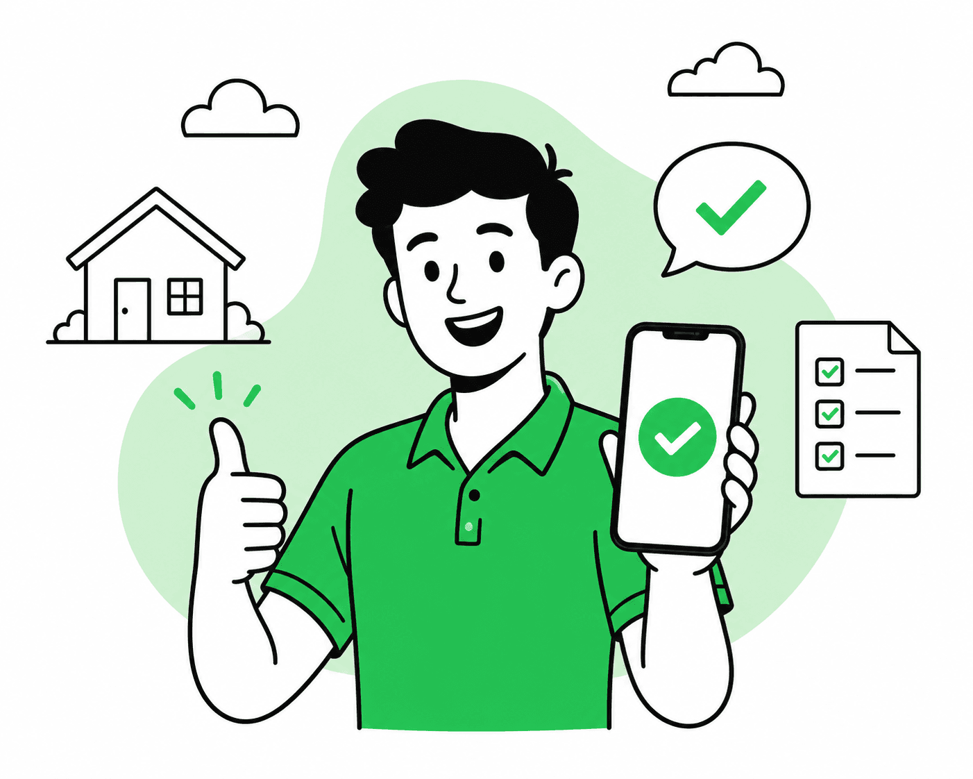 A person holding up a phone showing an approved application, with a house and clouds around them