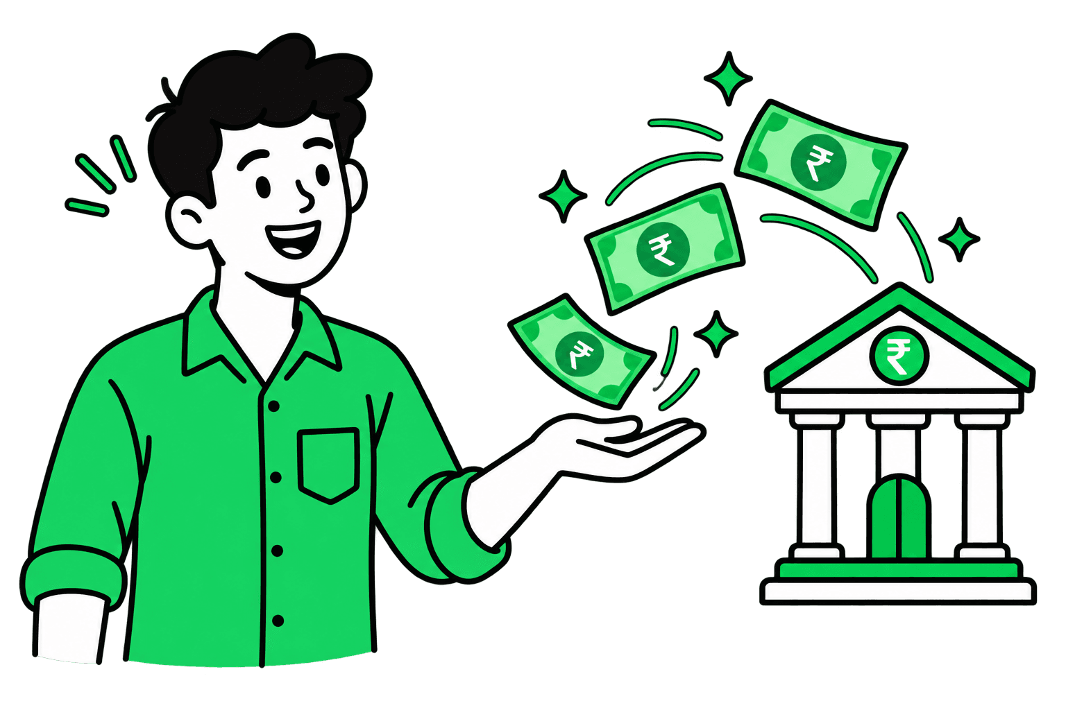 Banknotes going into a bank building