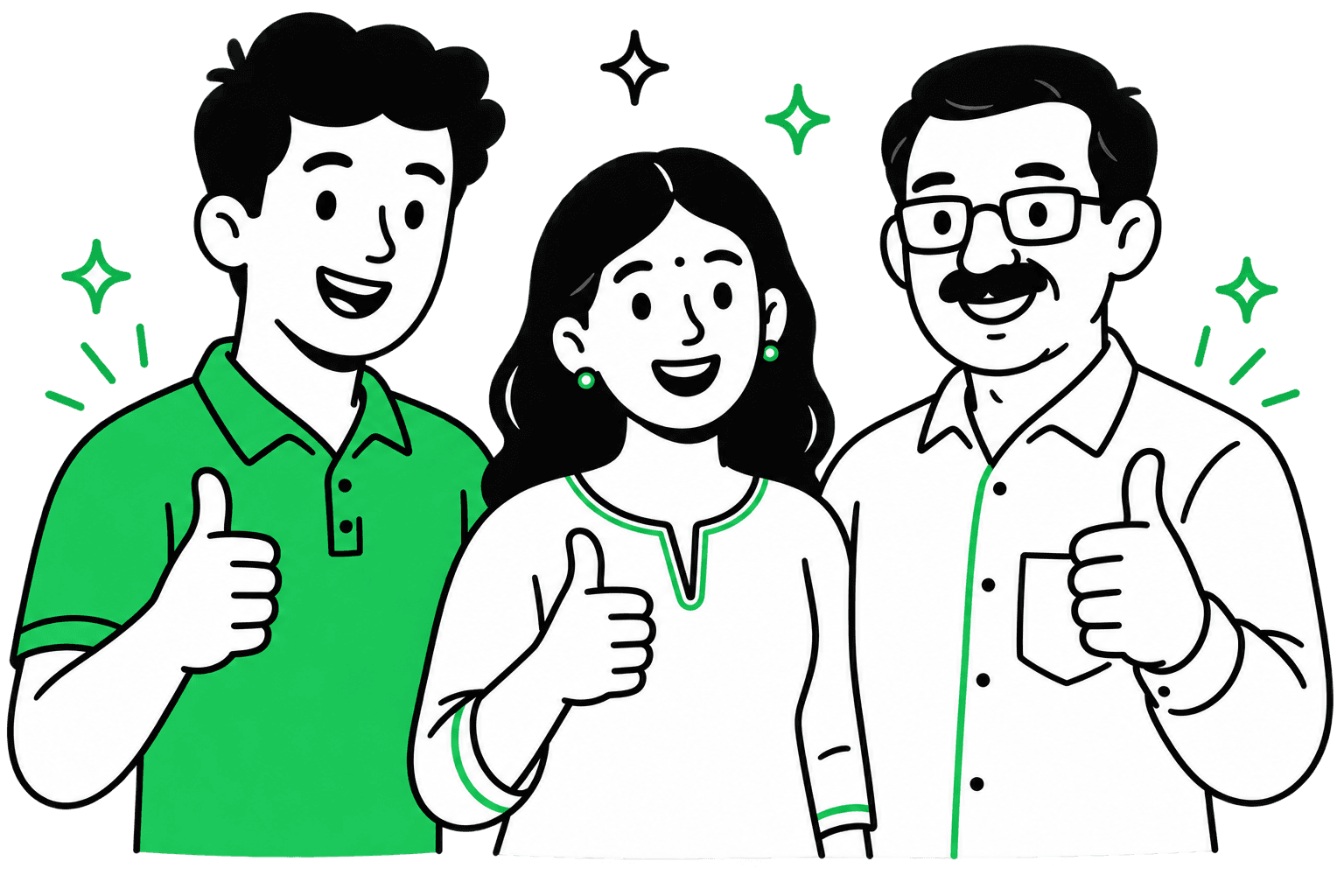Three people standing together, all giving a thumbs up